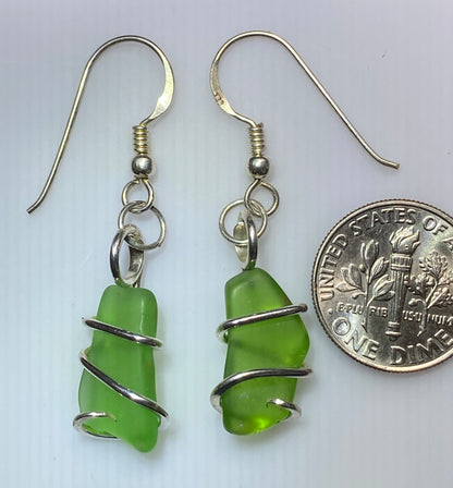 Green Sea Glass Pair in Sterling Silver Tension Wrapped Earrings