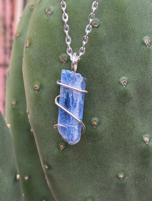 Blue Kyanite Crystal in Sterling Silver Tension Wrapped Pendant