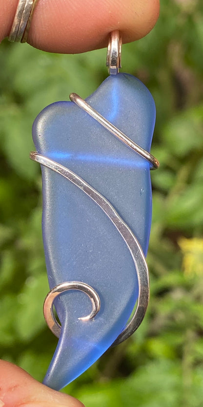 Blue Sea Glass in Sterling Silver Tension Wrapped Pendant