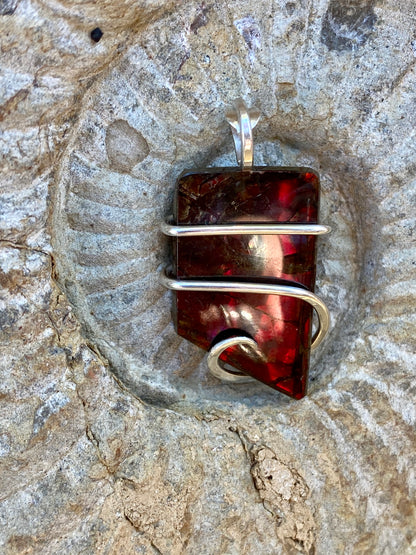 Ammolite Shell Slice in Sterling Silver Tension Wrapped Pendant