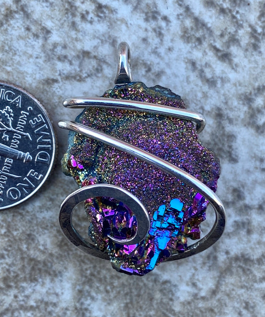 Titanium Infused Druzy in Sterling Silver Tension Wrapped Pendant