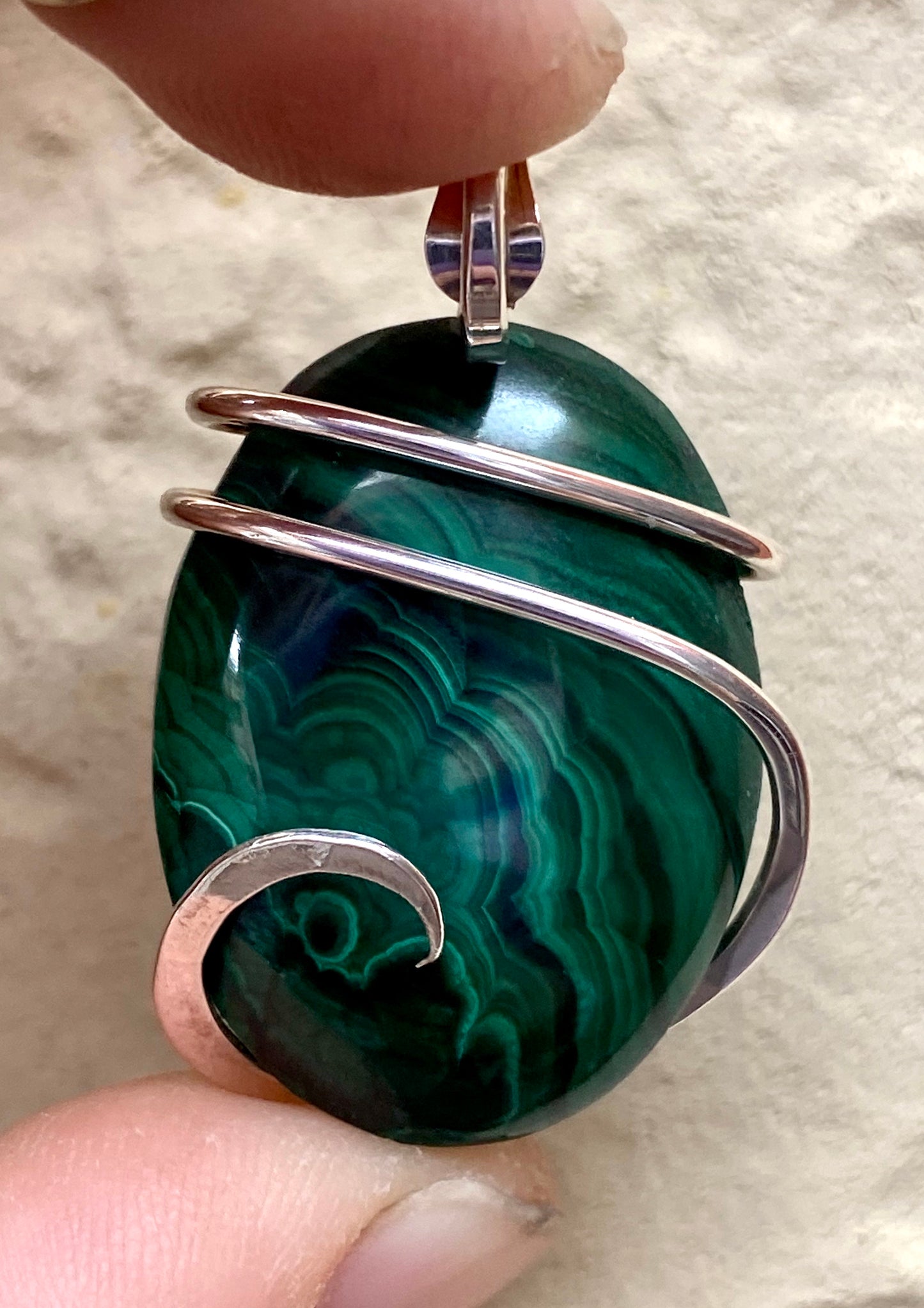 Malachite Cabochon in Sterling Silver Tension Wrapped Pendant