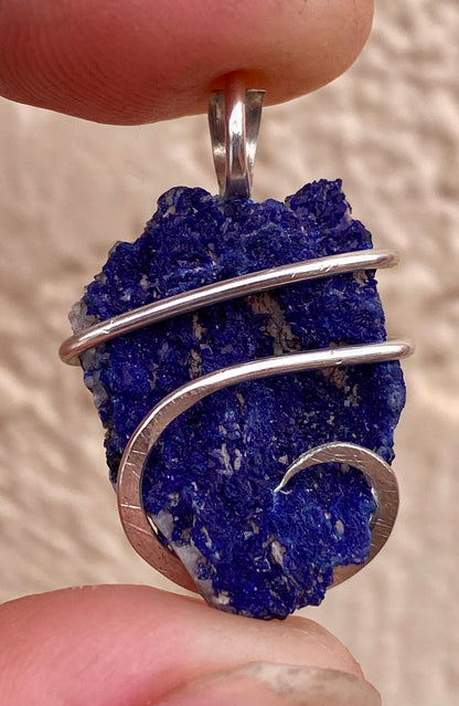 Azurite Druzy in Sterling Silver Tension Wrapped Pendant