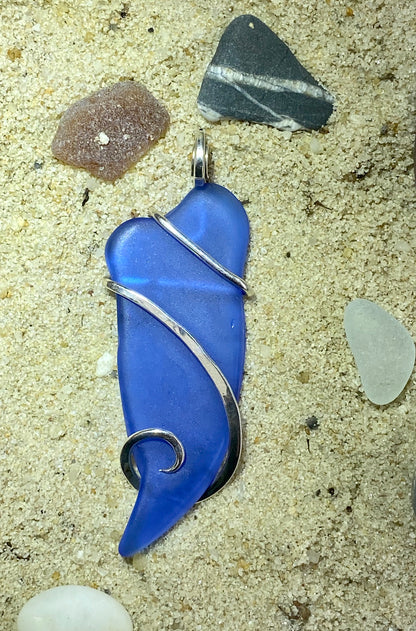 Blue Sea Glass in Sterling Silver Tension Wrapped Pendant