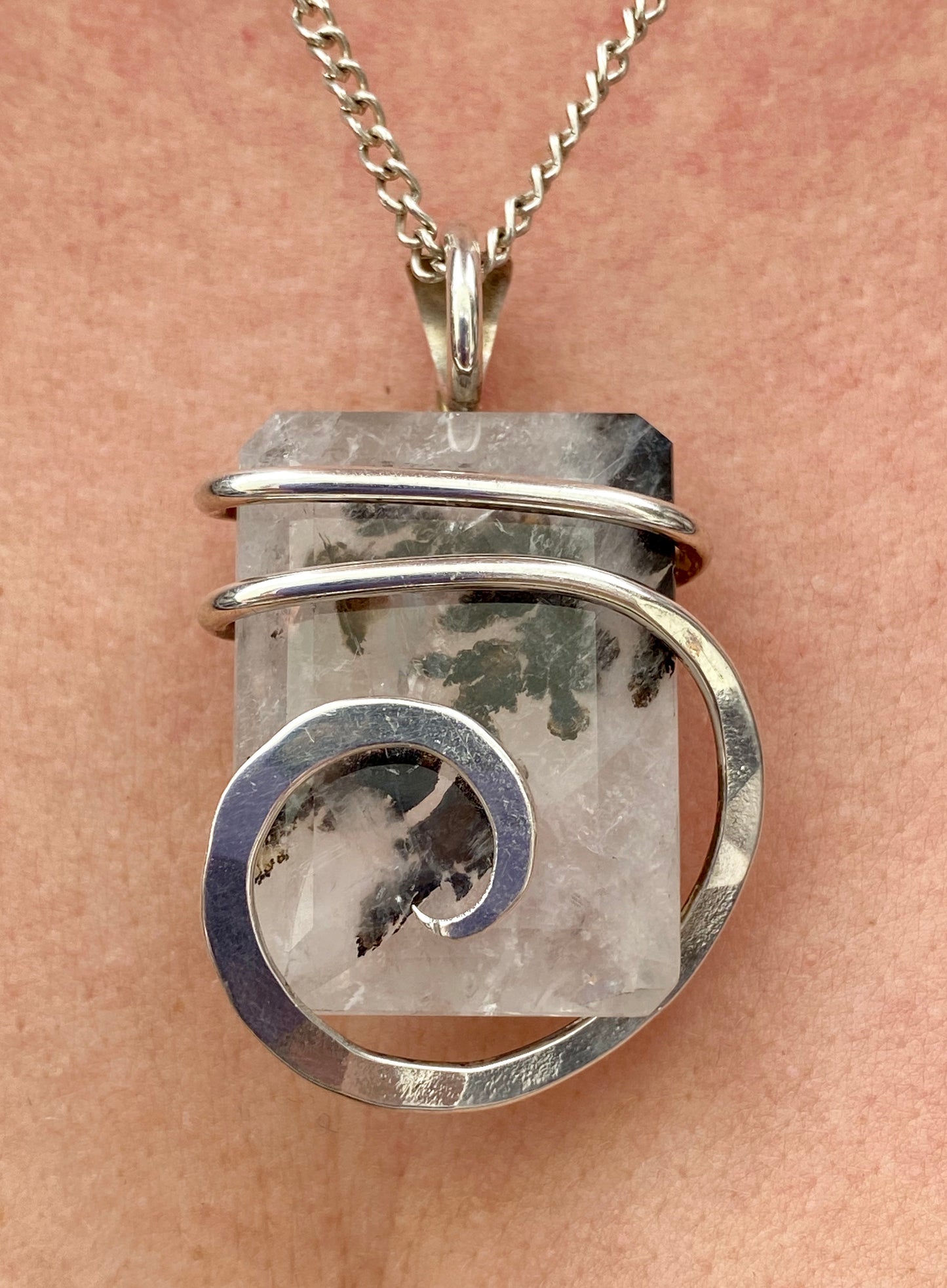 Faceted Dendritic Agate in Sterling Silver Tension Wrapped Pendant