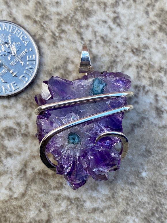 Amethyst Stalactite Slice in Sterling Silver Tension Wrapped Pendant