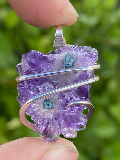 Amethyst Stalactite Slice in Sterling Silver Tension Wrapped Pendant