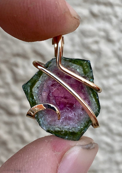 Watermelon Tourmaline Slice in 14kt Gold Tension Wrapped Pendant