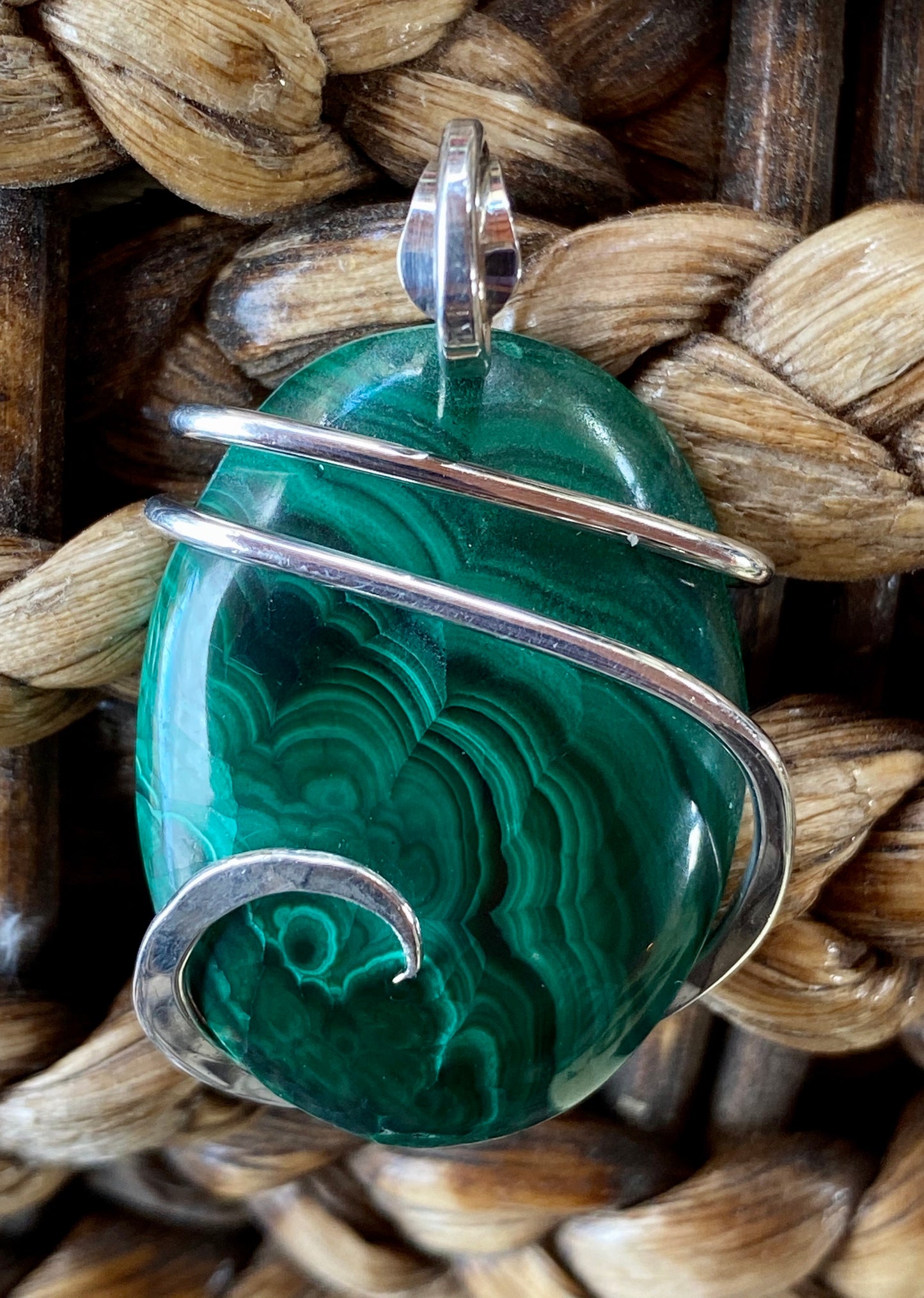 Malachite Cabochon in Sterling Silver Tension Wrapped Pendant