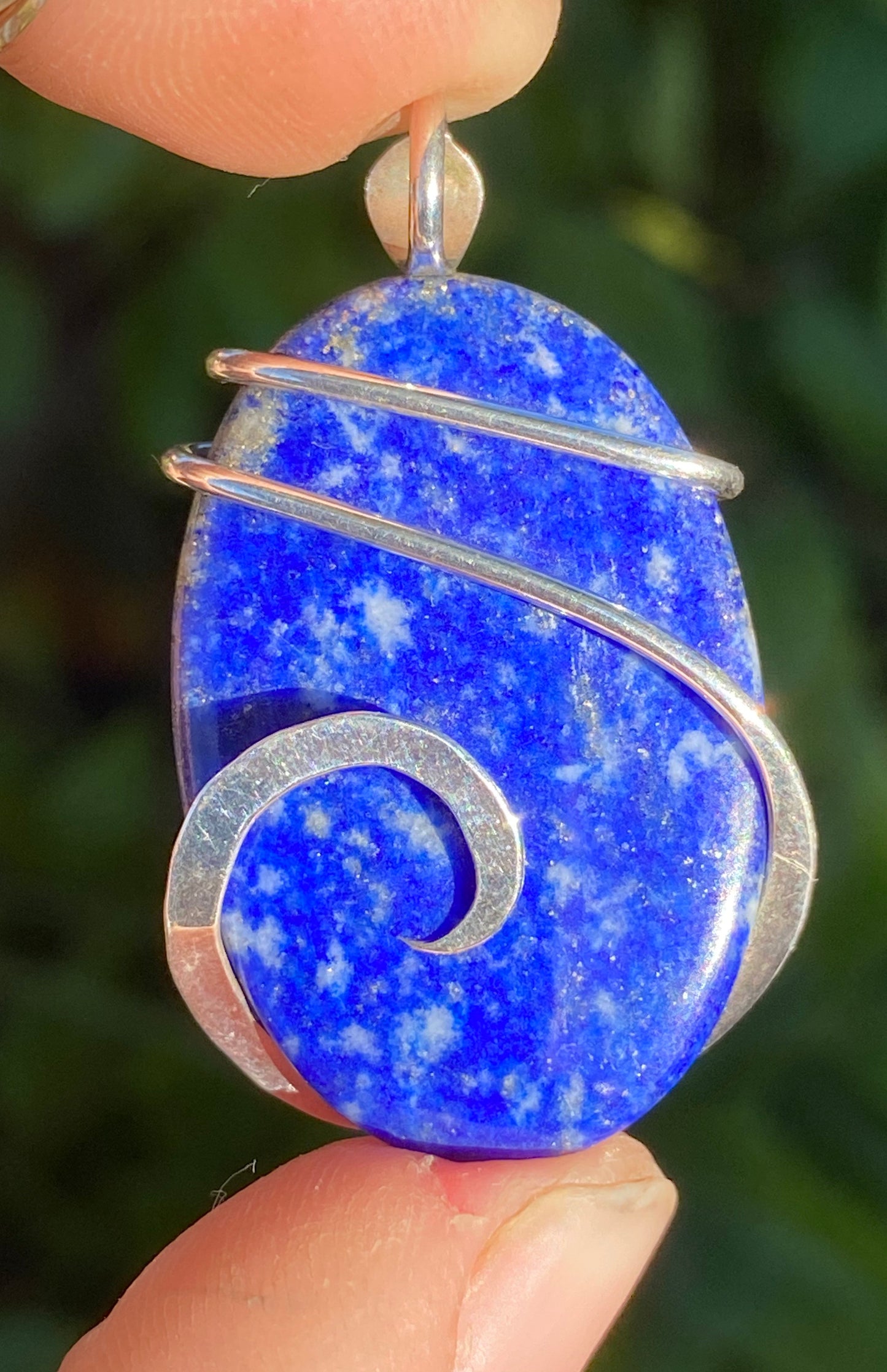 Lapis Lazuli Cabochon in Sterling Silver Tension Wrapped Pendant