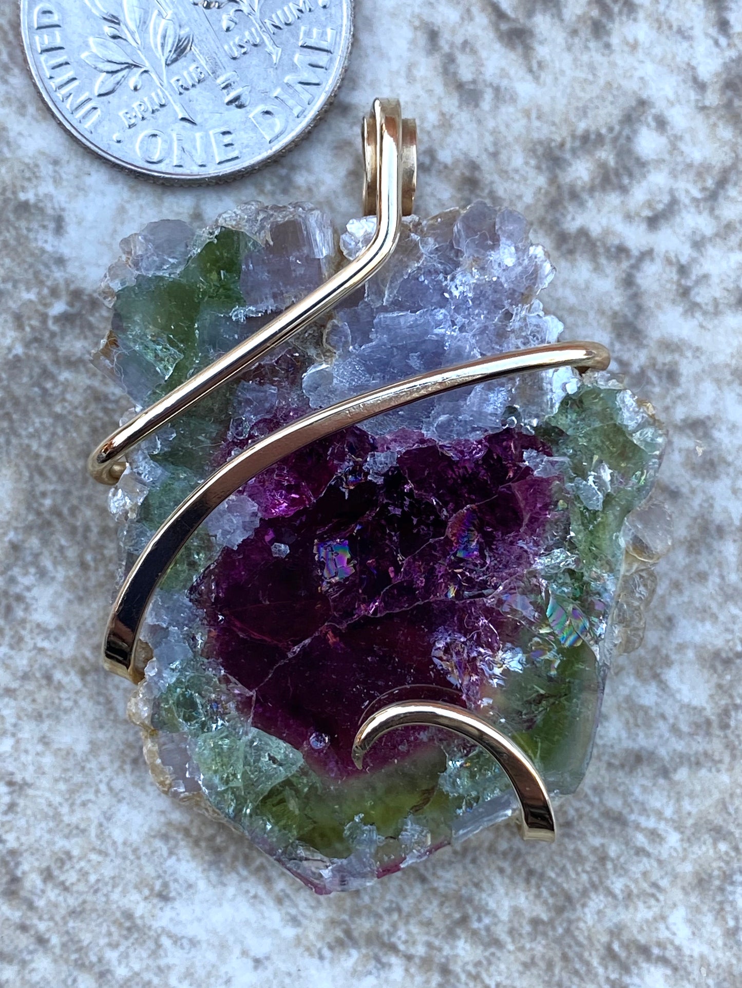 Watermelon Tourmaline Slice in 14kt Gold Tension Wrapped Pendant