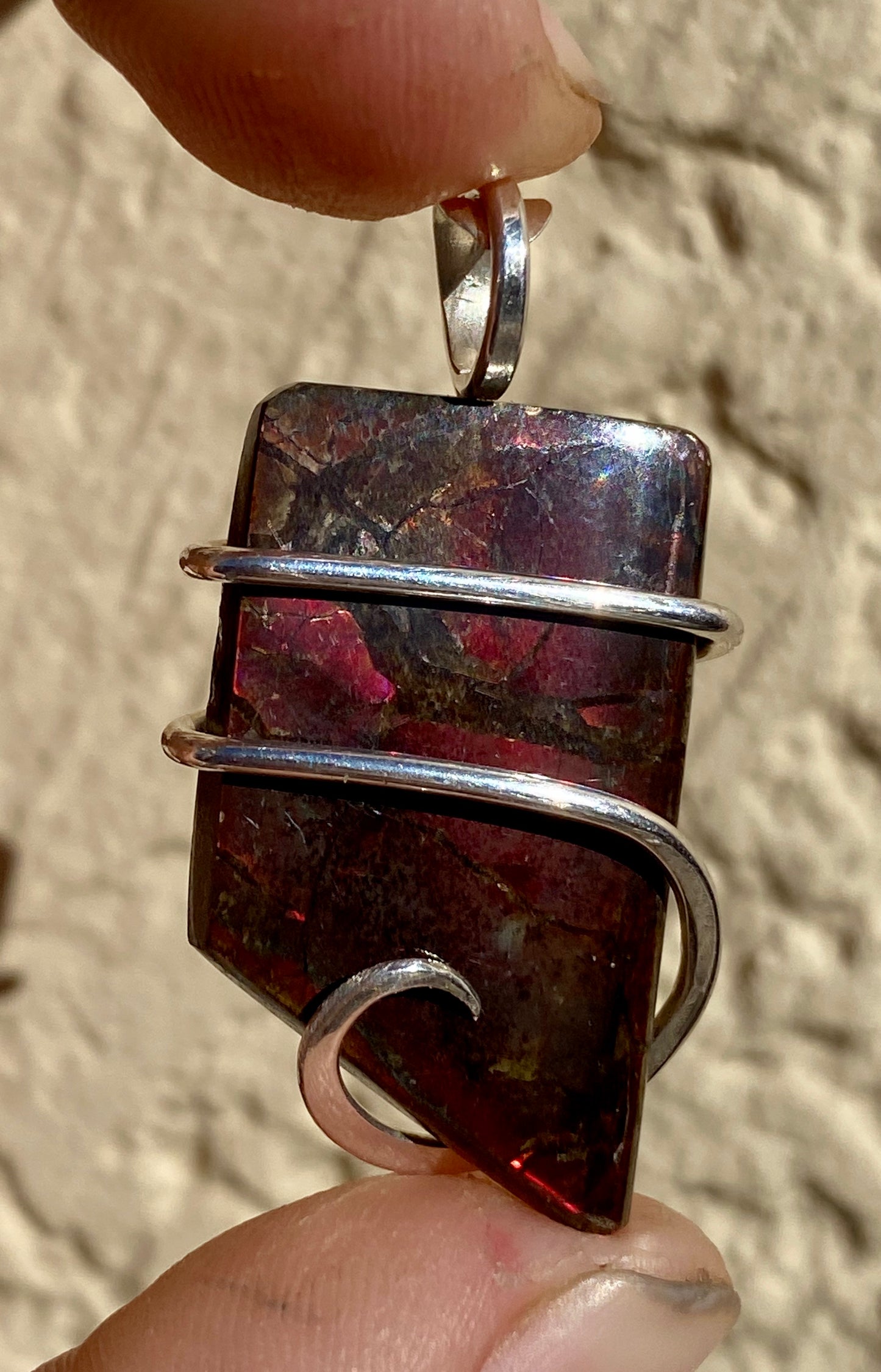 Ammolite Shell Slice in Sterling Silver Tension Wrapped Pendant