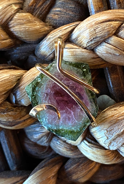 Watermelon Tourmaline Slice in 14kt Gold Tension Wrapped Pendant