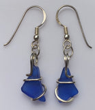 Blue Sea Glass Pair in Sterling Silver Tension Wrapped Earrings