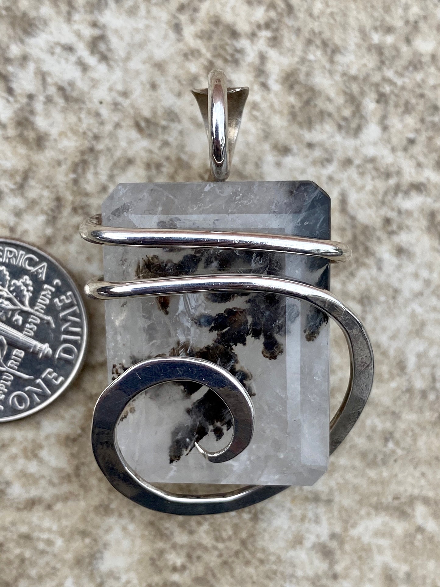 Faceted Dendritic Agate in Sterling Silver Tension Wrapped Pendant