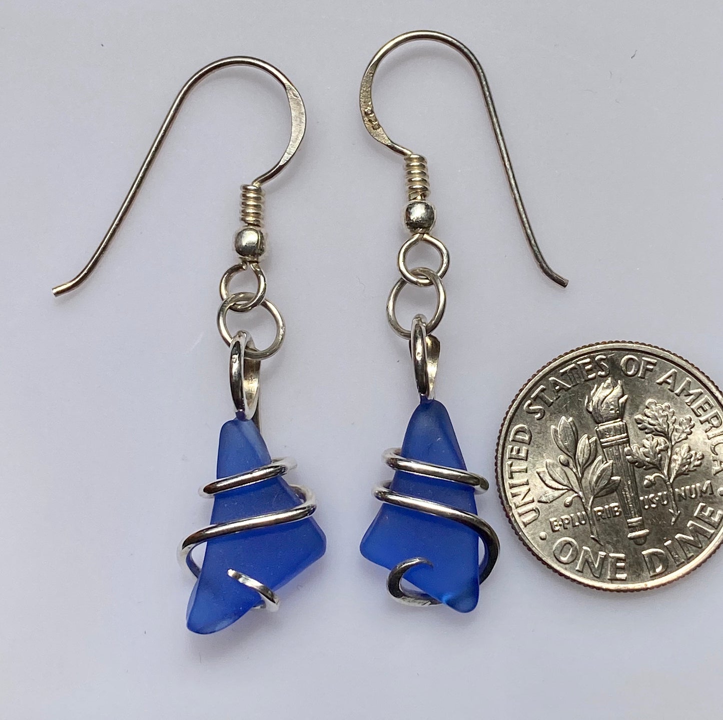 Blue Sea Glass Pair in Sterling Silver Tension Wrapped Earrings