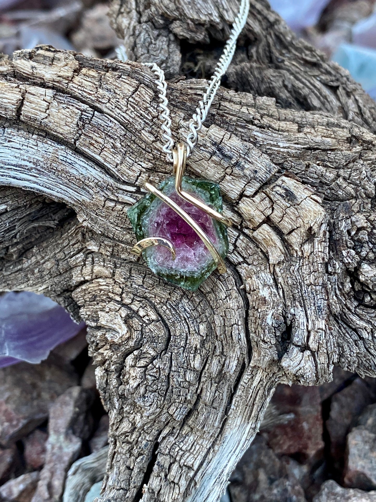 Watermelon Tourmaline Slice in 14kt Gold Tension Wrapped Pendant