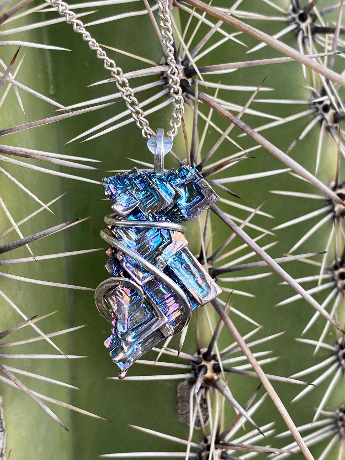 Bismuth Crystal in Sterling Silver Tension Wrapped Pendant