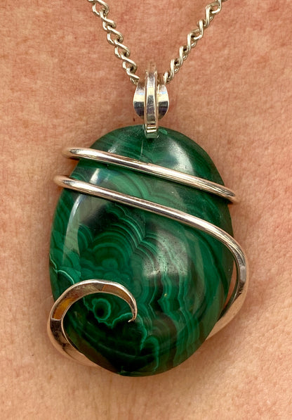 Malachite Cabochon in Sterling Silver Tension Wrapped Pendant