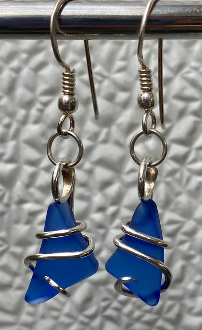 Blue Sea Glass Pair in Sterling Silver Tension Wrapped Earrings