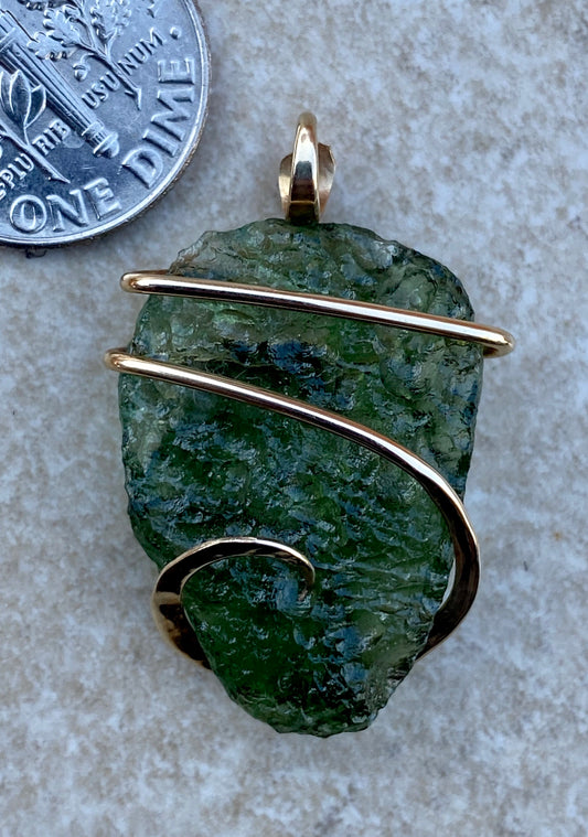 Moldavite in 14kt Gold Tension Wrapped Pendant