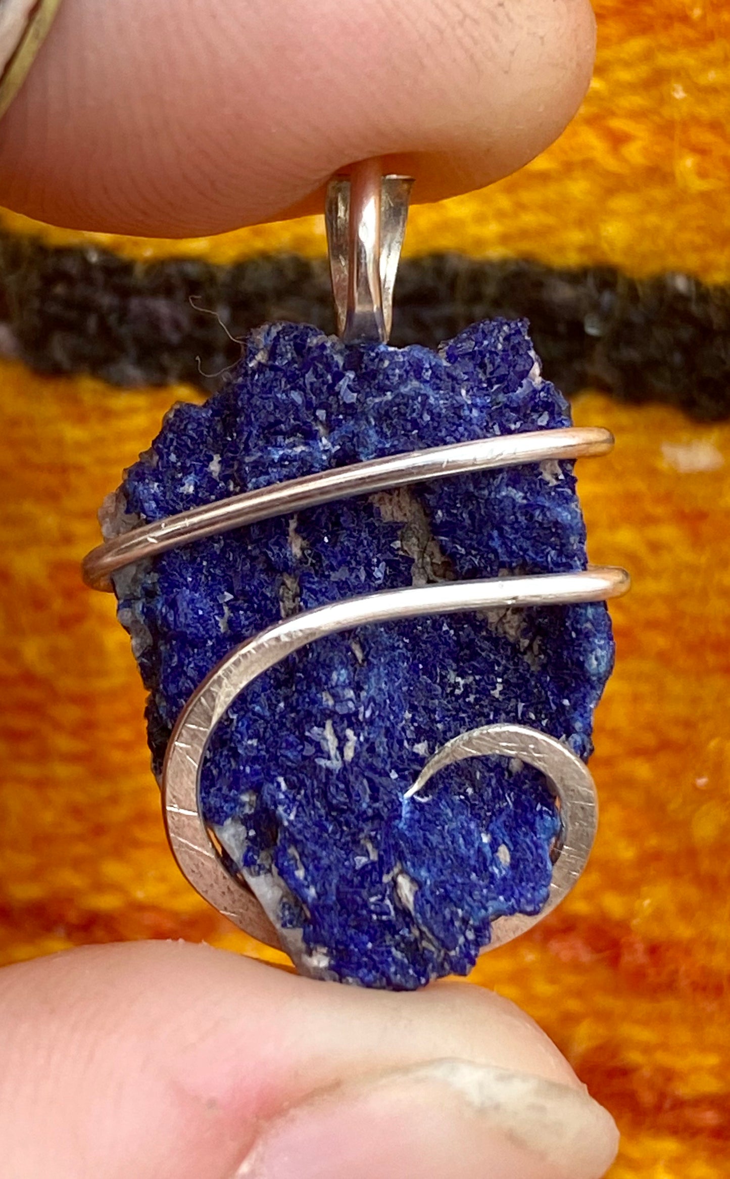 Azurite Druzy in Sterling Silver Tension Wrapped Pendant