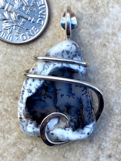 Dendritic Agate in Sterling Silver Tension Wrapped Pendant