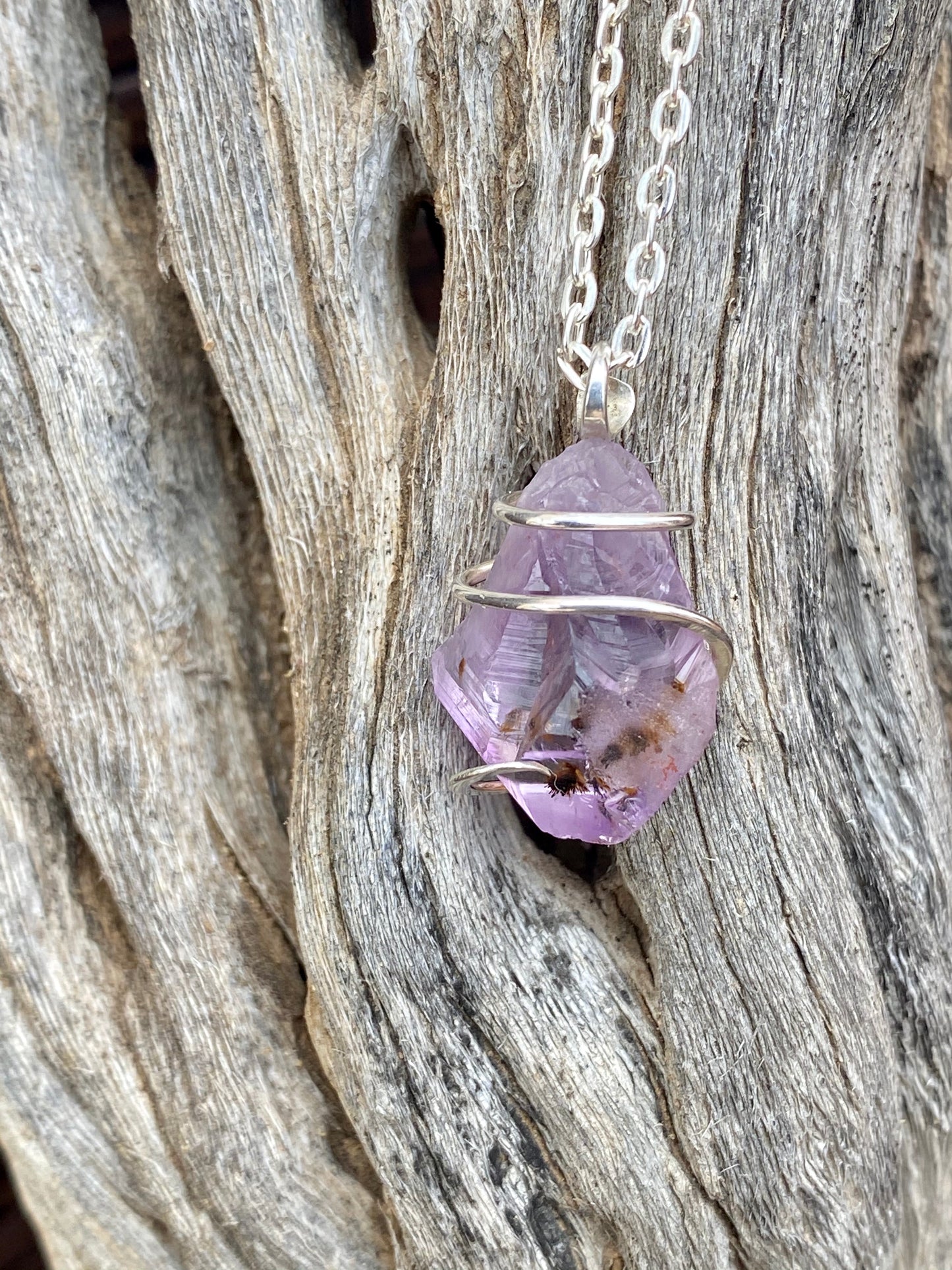 Amethyst Crystal in Sterling Silver Tension Wrapped Pendant