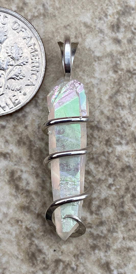 Platinum Infused Quartz Crystal in Sterling Silver Tension Wrapped Pendant