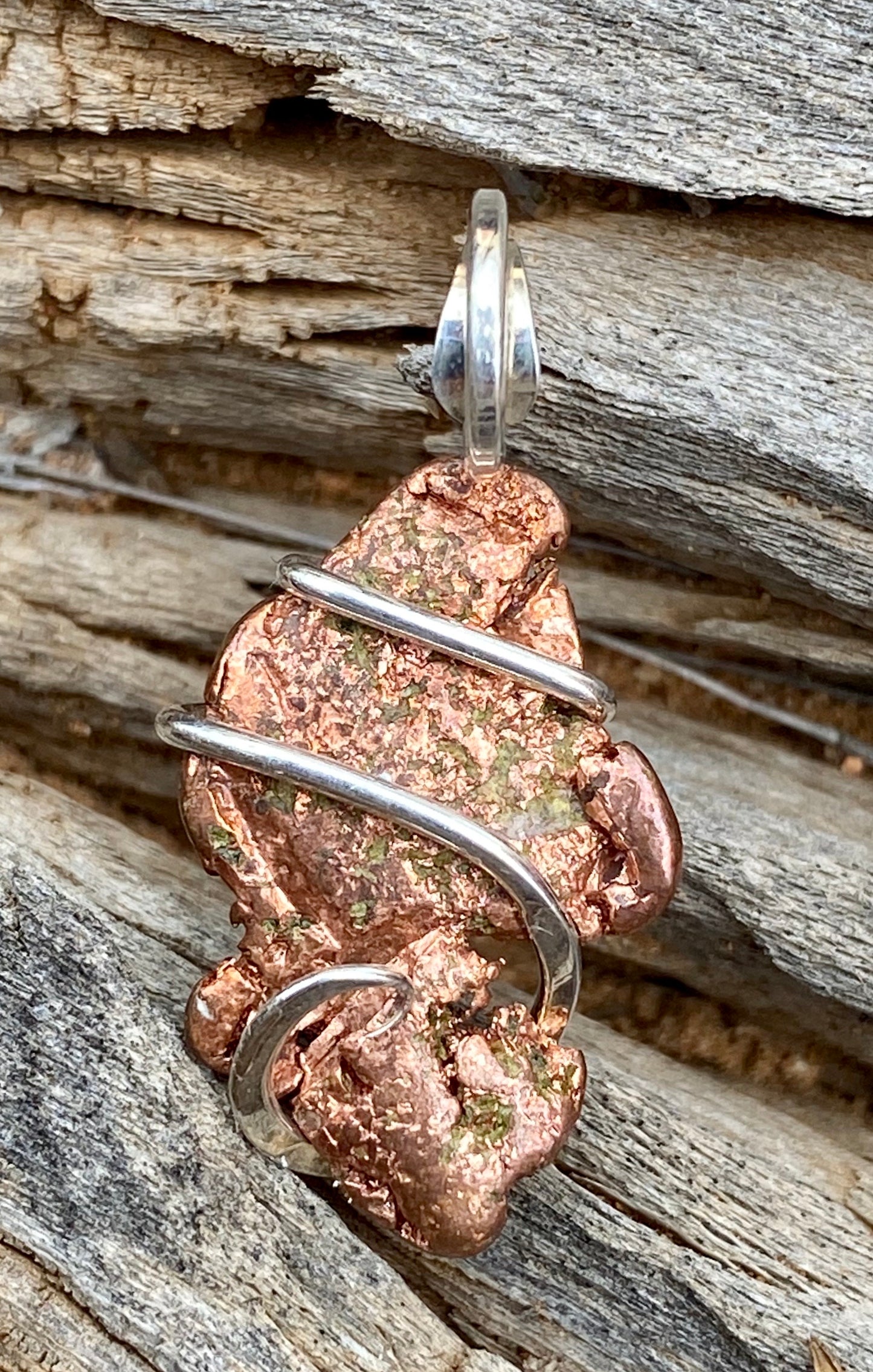 Copper Nugget in Sterling Silver Tension Wrapped Pendant