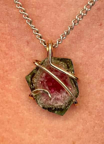 Watermelon Tourmaline Slice in 14kt Gold Tension Wrapped Pendant