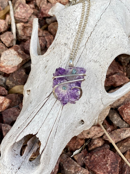 Amethyst Stalactite Slice in Sterling Silver Tension Wrapped Pendant