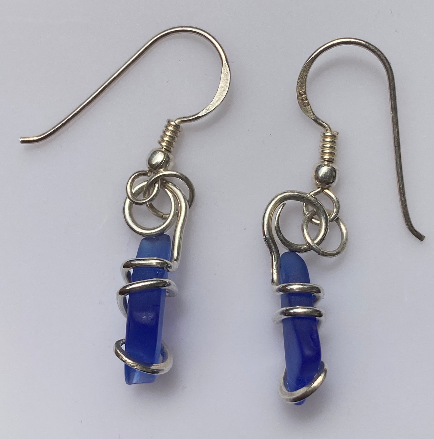 Blue Sea Glass Pair in Sterling Silver Tension Wrapped Earrings