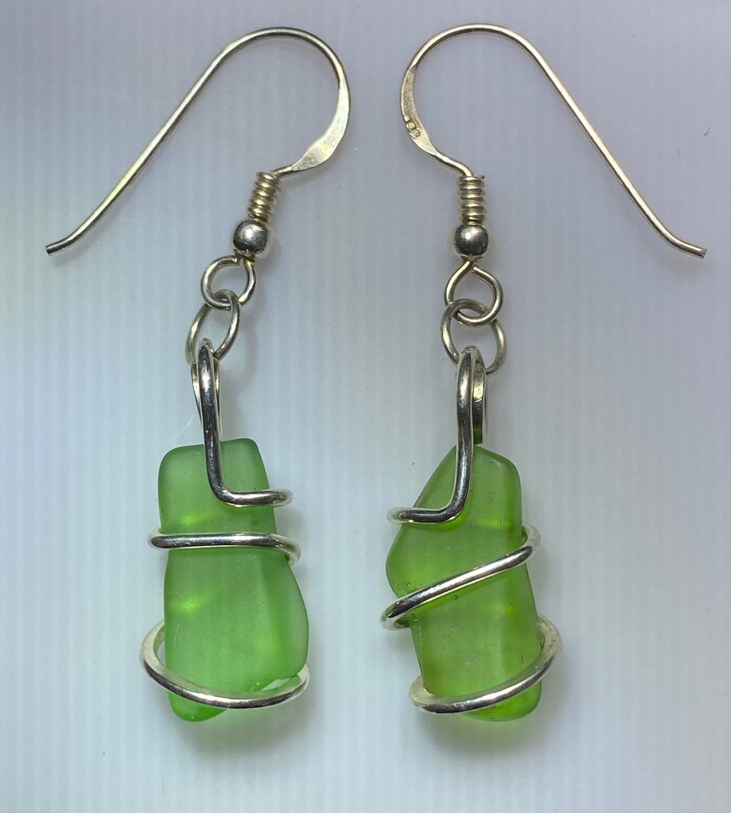 Green Sea Glass Pair in Sterling Silver Tension Wrapped Earrings