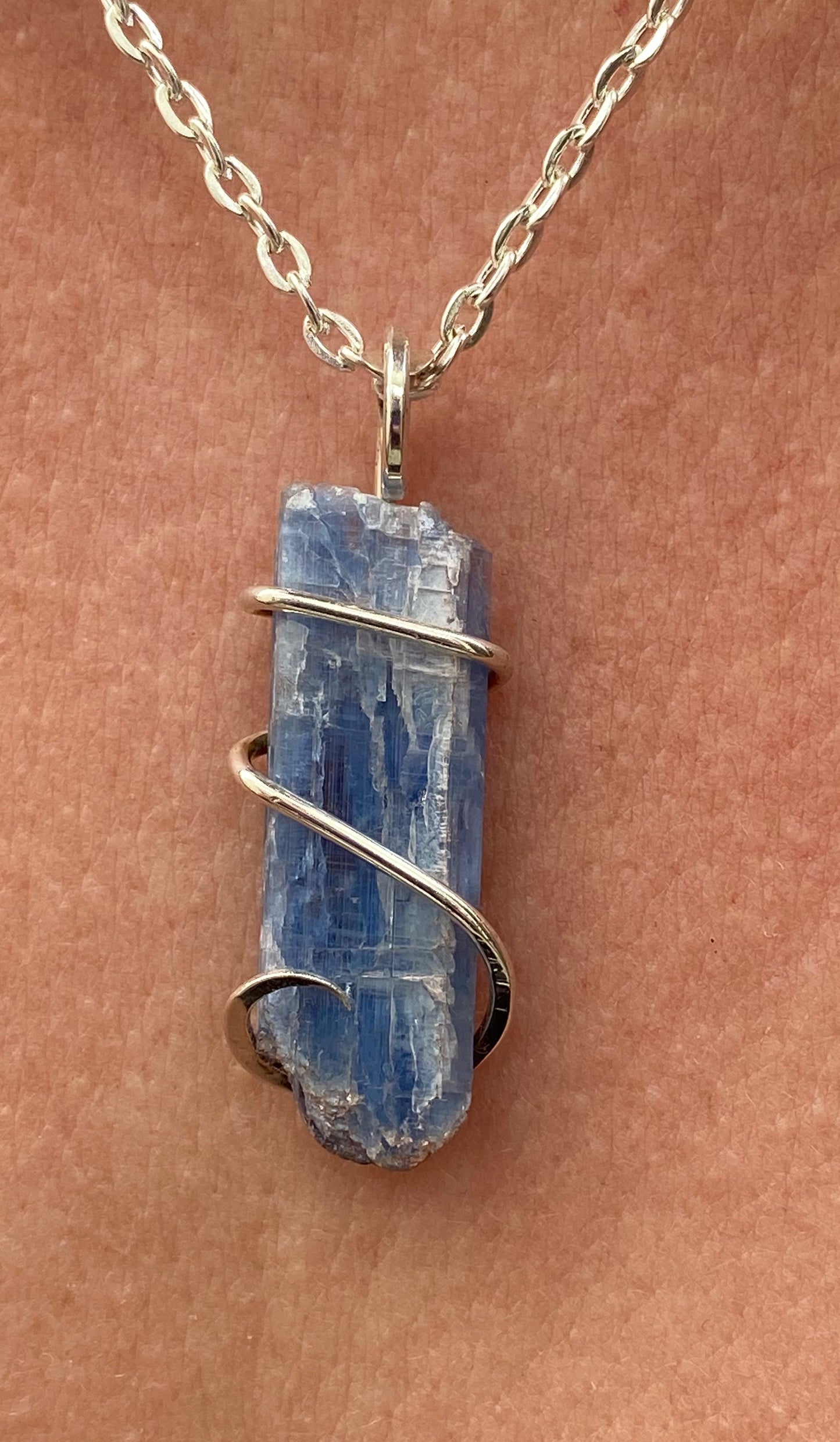 Blue Kyanite Crystal in Sterling Silver Tension Wrapped Pendant