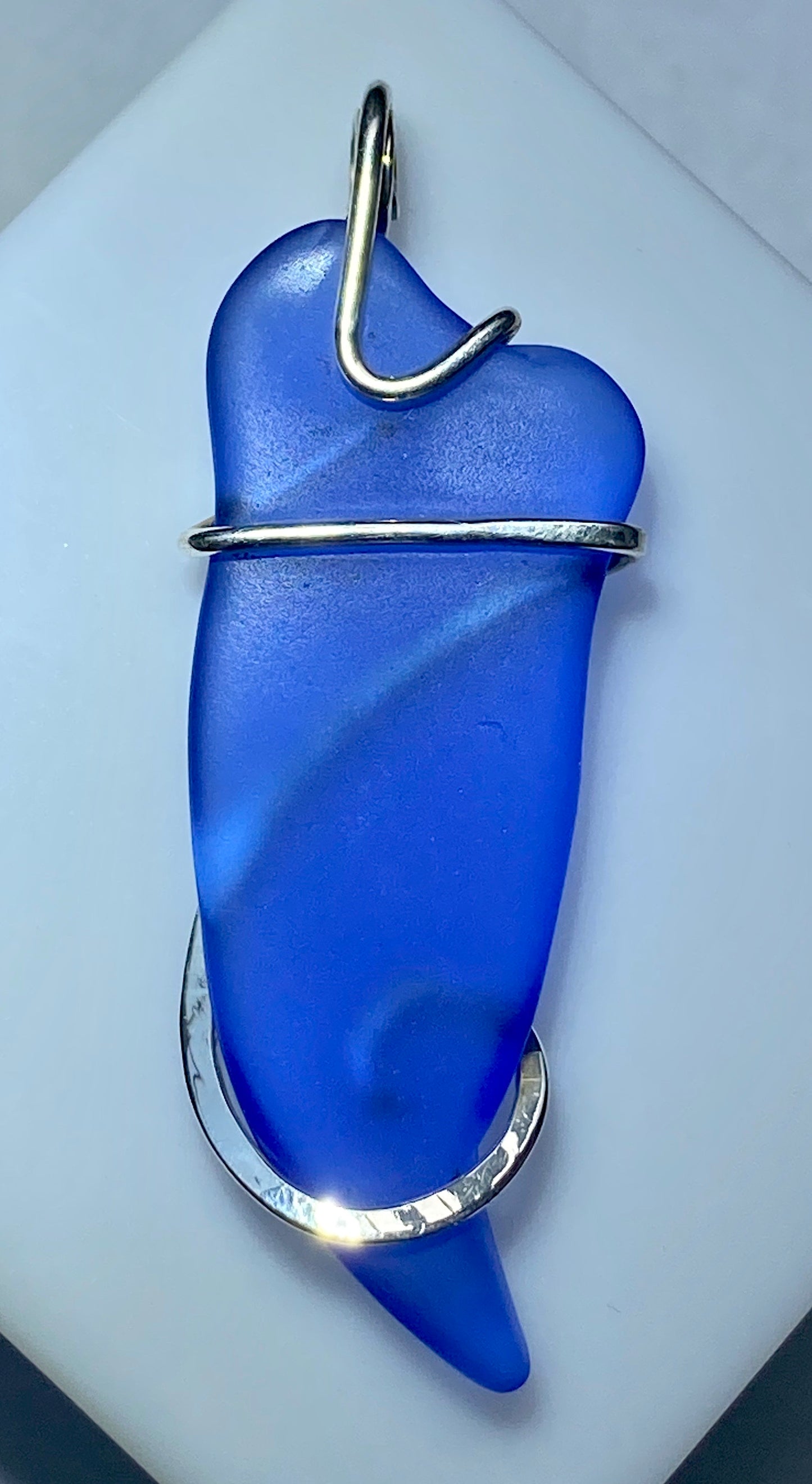 Blue Sea Glass in Sterling Silver Tension Wrapped Pendant