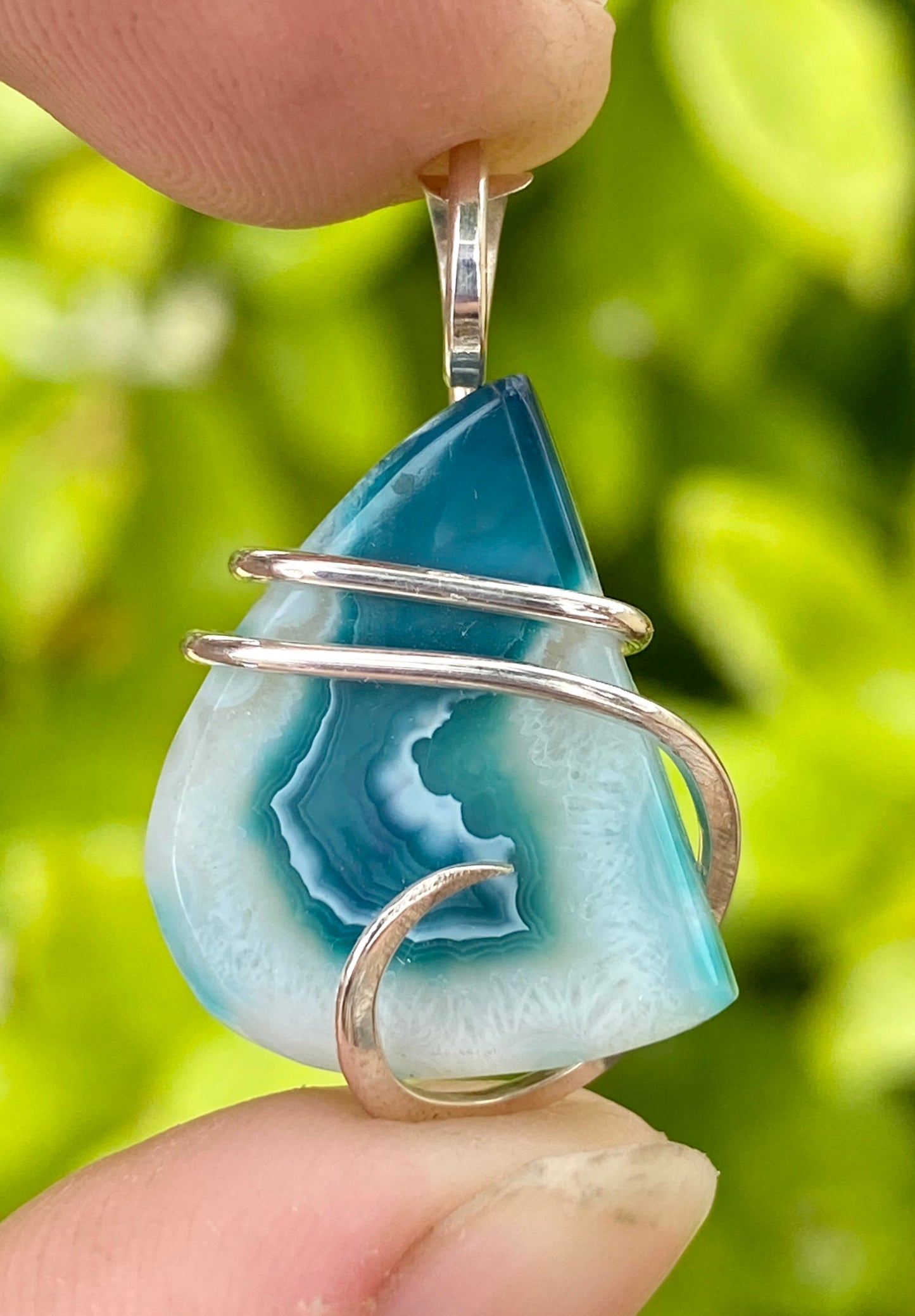 Dyed Agate Slice in Sterling Silver Tension Wrapped Pendant