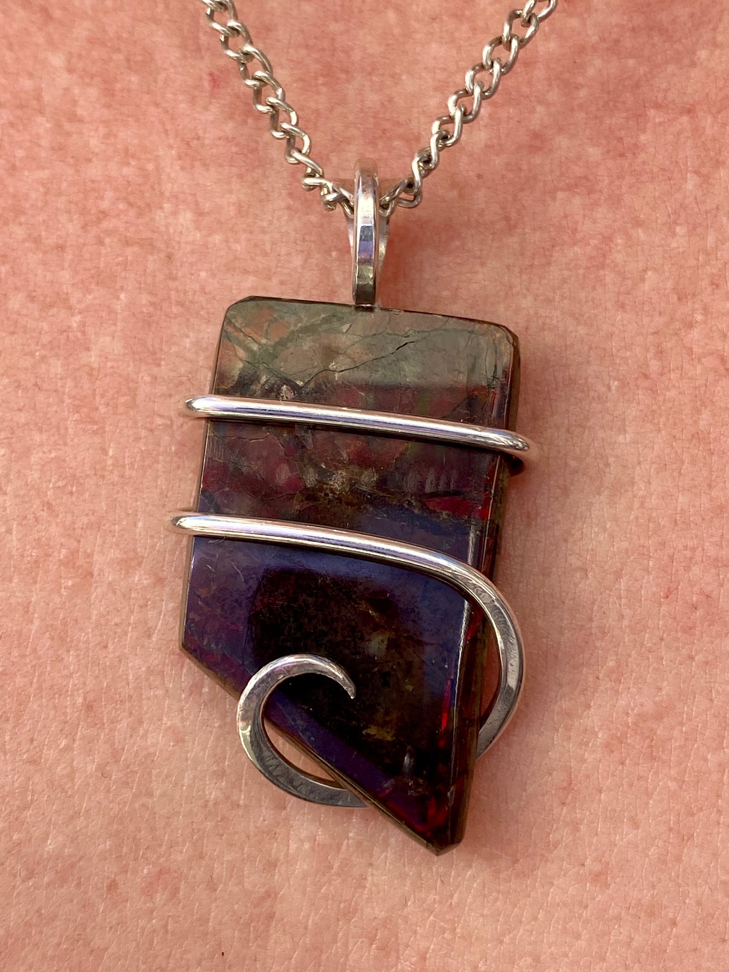 Ammolite Shell Slice in Sterling Silver Tension Wrapped Pendant