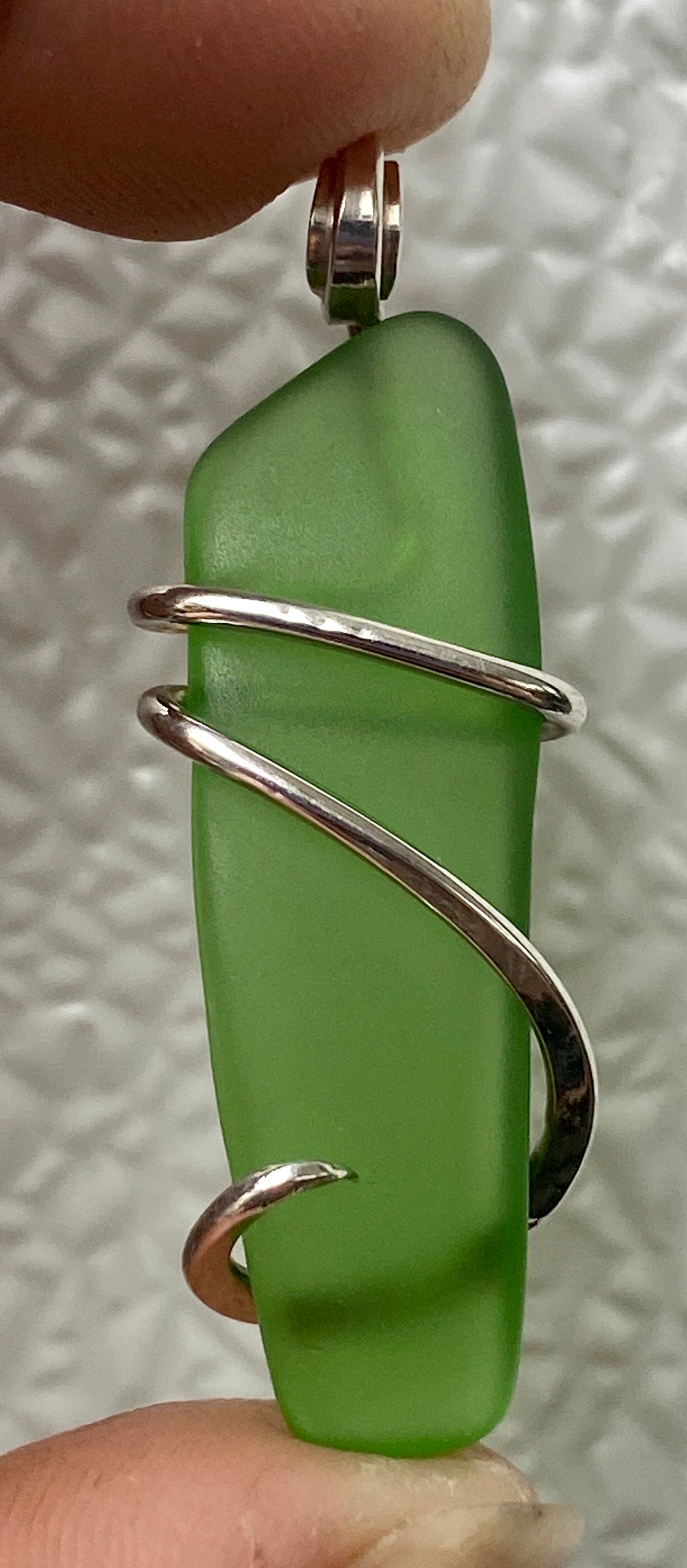 Green Sea Glass in Sterling Silver Tension Wrapped Pendant