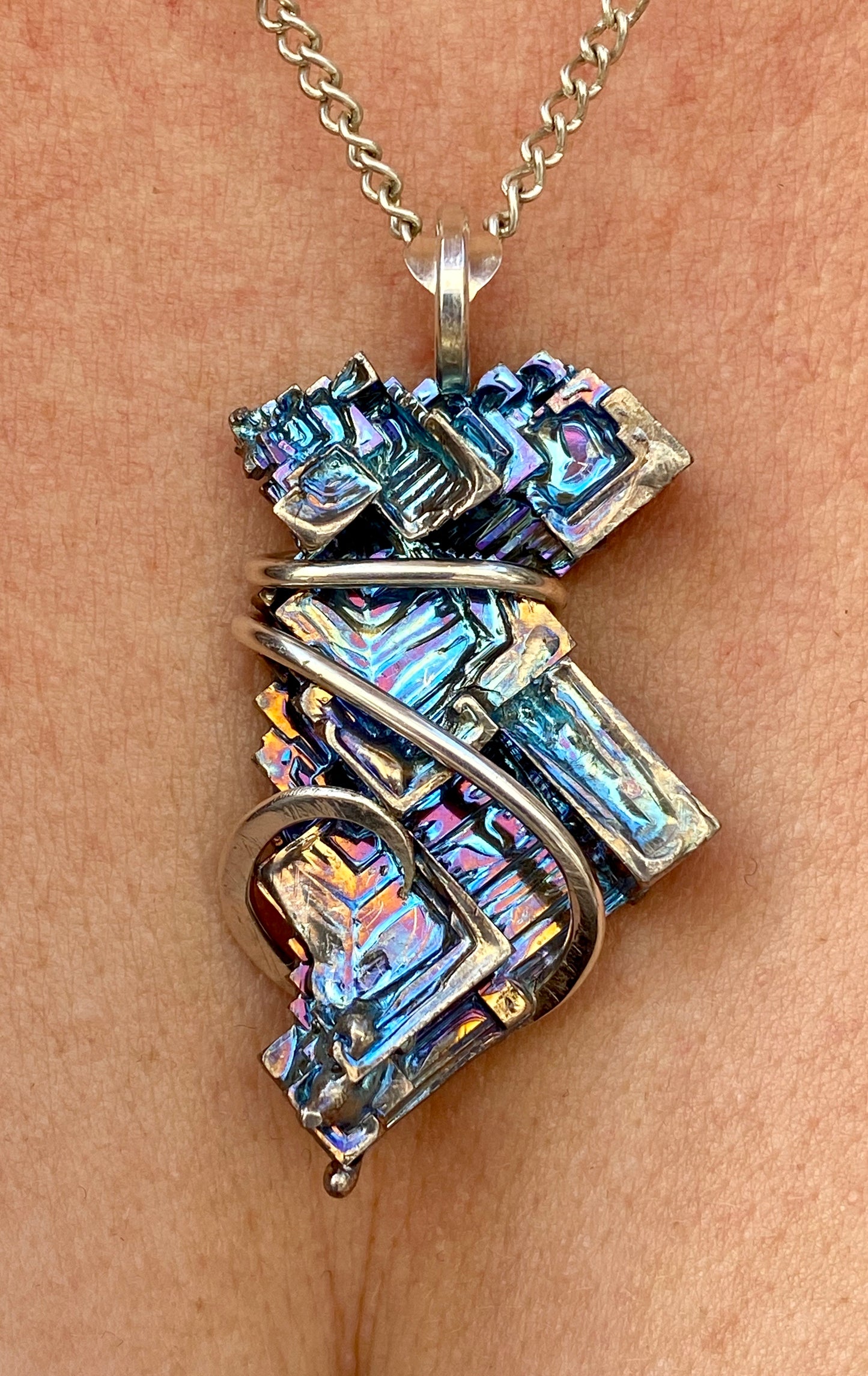 Bismuth Crystal in Sterling Silver Tension Wrapped Pendant