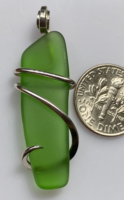 Green Sea Glass in Sterling Silver Tension Wrapped Pendant