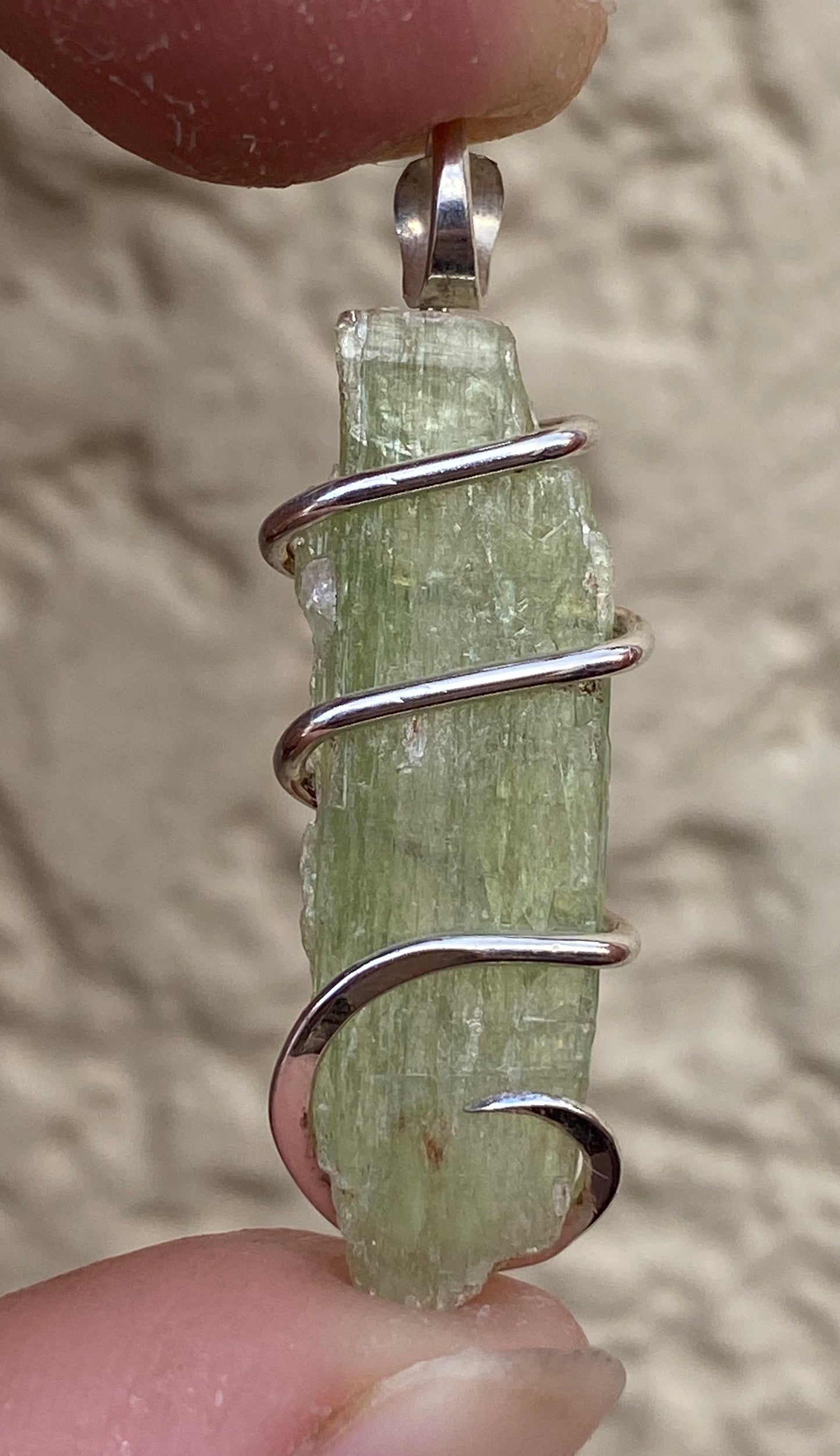 Green Kyanite Crystal in Sterling Silver Tension Wrapped Pendant