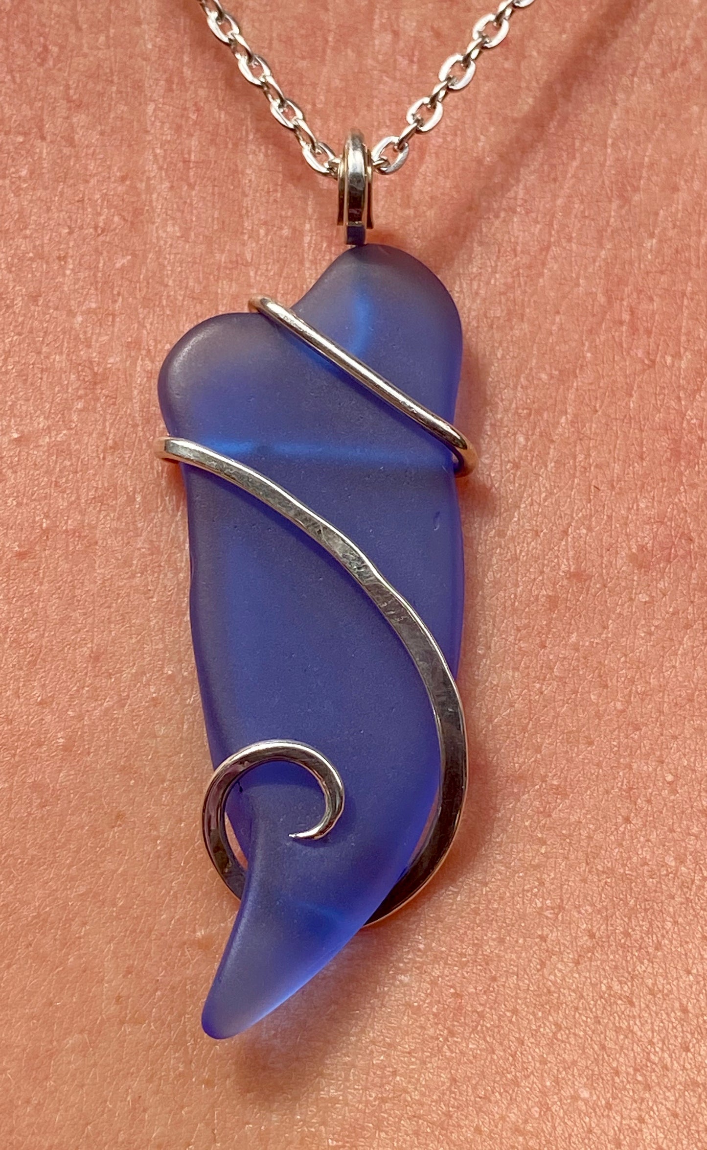 Blue Sea Glass in Sterling Silver Tension Wrapped Pendant