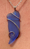 Blue Sea Glass in Sterling Silver Tension Wrapped Pendant