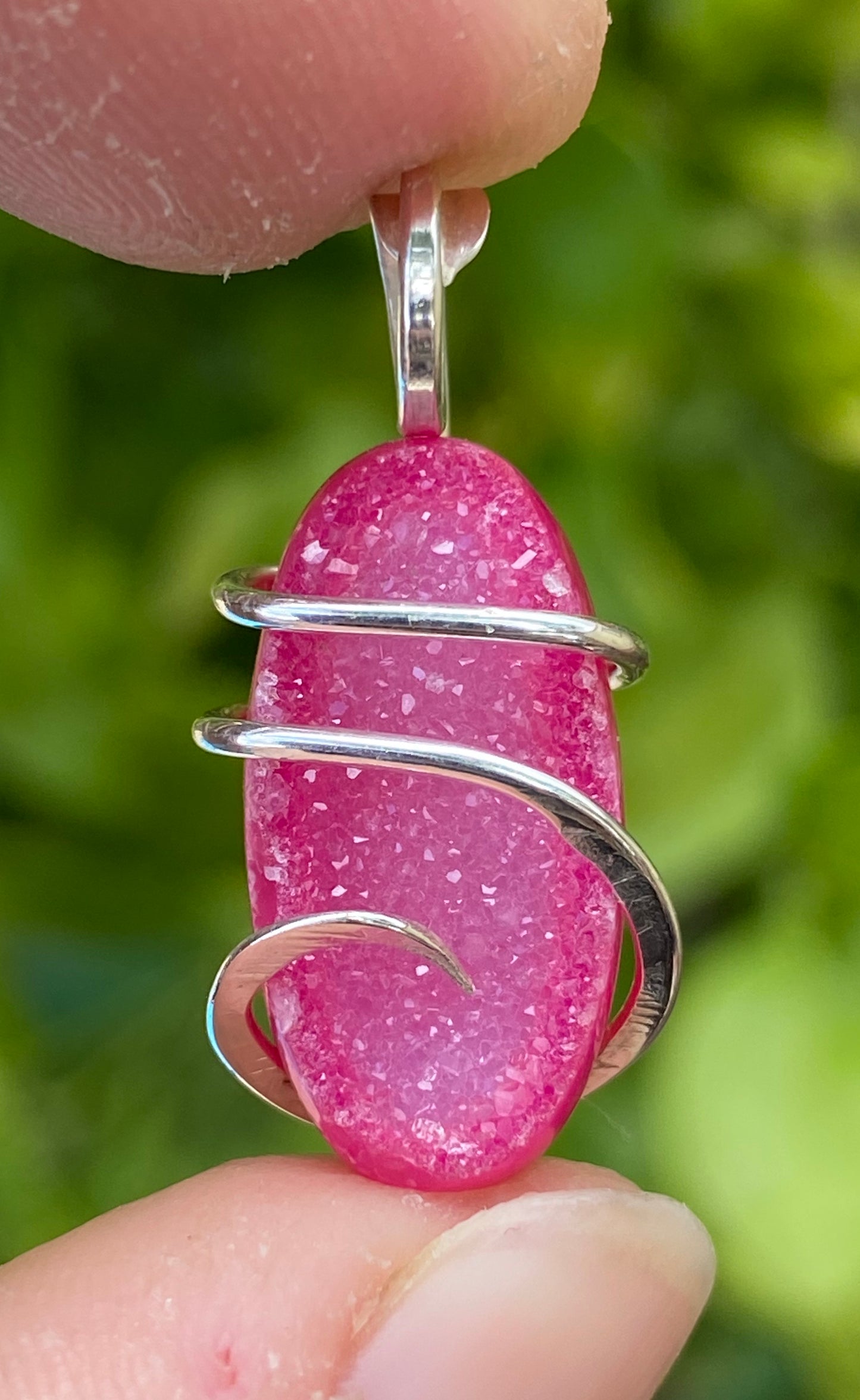 Dyed Agate Druzy in Sterling Silver Tension Wrapped Pendant