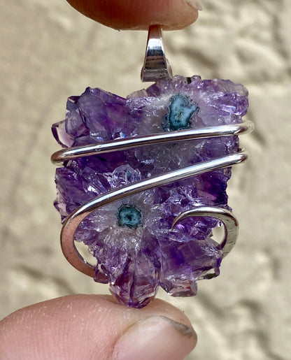 Amethyst Stalactite Slice in Sterling Silver Tension Wrapped Pendant