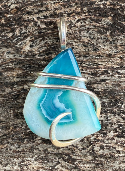 Dyed Agate Slice in Sterling Silver Tension Wrapped Pendant