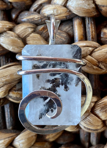 Faceted Dendritic Agate in Sterling Silver Tension Wrapped Pendant