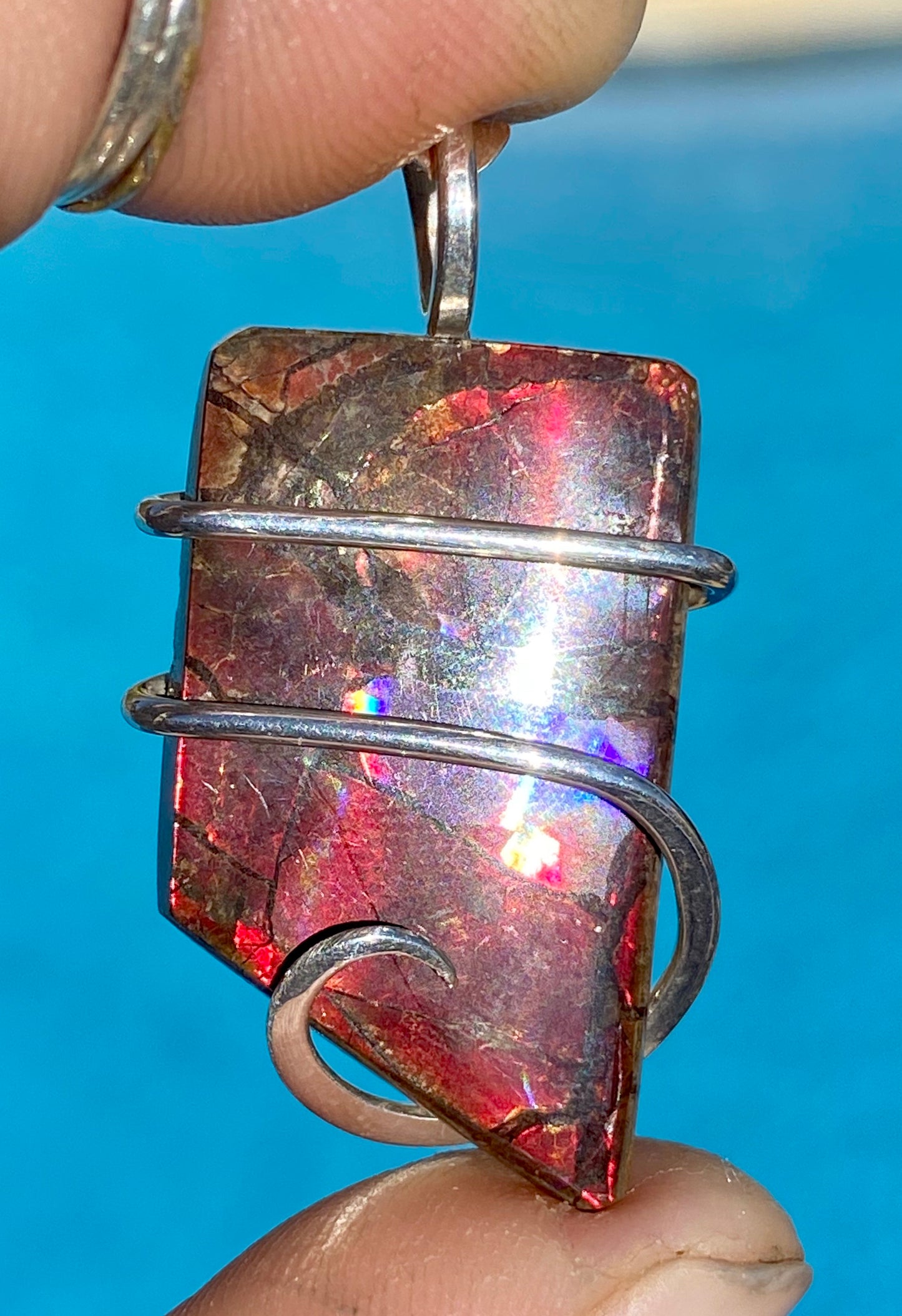 Ammolite Shell Slice in Sterling Silver Tension Wrapped Pendant