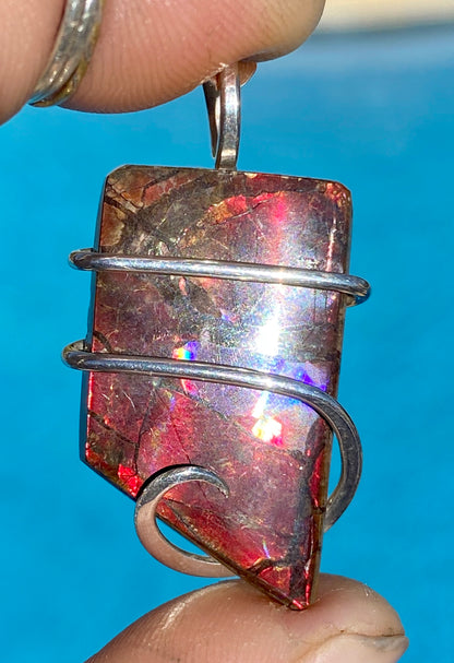 Ammolite Shell Slice in Sterling Silver Tension Wrapped Pendant